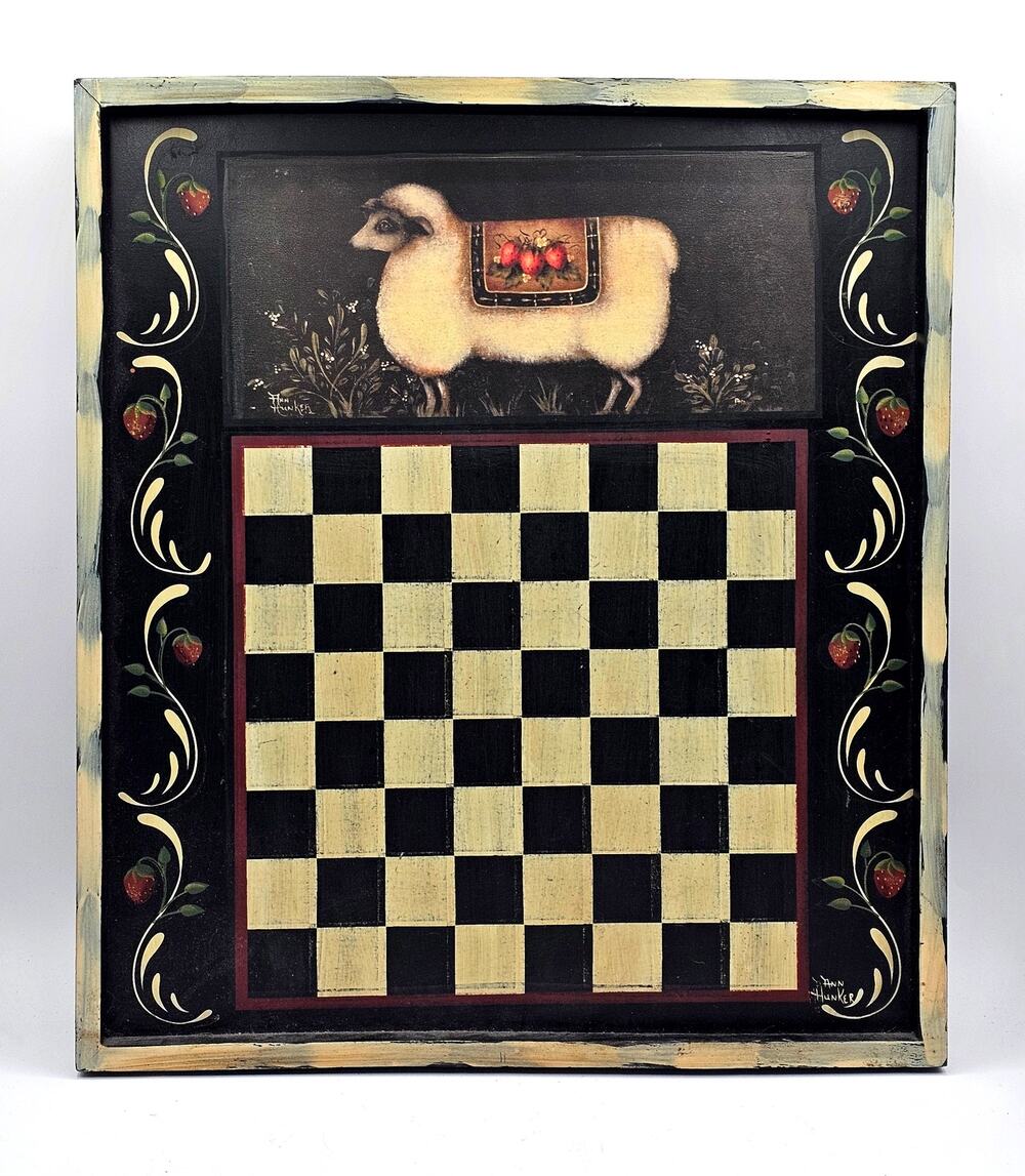 Hand Painted Folk Art Wooden Checkerboard Rustic Sheep Primitive Wall Decor-Tray